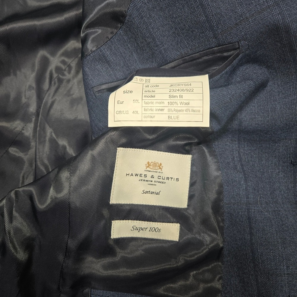 Hawes & Curtis Sartorial 40L Slim Fit Blue Windowpane Wool Blazer Super 100s - Picture 4 of 6